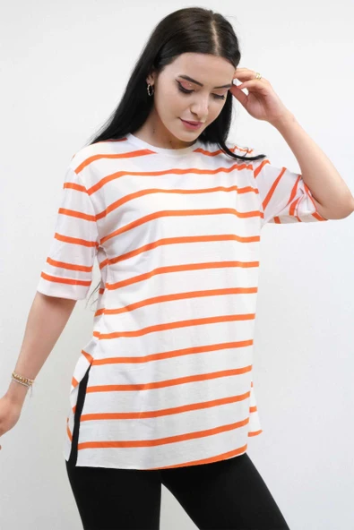 Çizgili Penye Tshirt Turuncu - 2