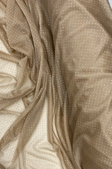 Yağmur Damlası Simli Abiye Elbise Şallık Tül Kumaş Açık Gold 28-A - Resim 2