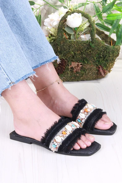 Fort 3572 Keten Bonçuk Taş Detaylı Tatil Terliği Günlük Terlik Kadın Terlik ürün görseli