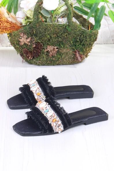 Fort 3572 Keten Bonçuk Taş Detaylı Tatil Terliği Günlük Terlik Kadın Terlik - Resim 5