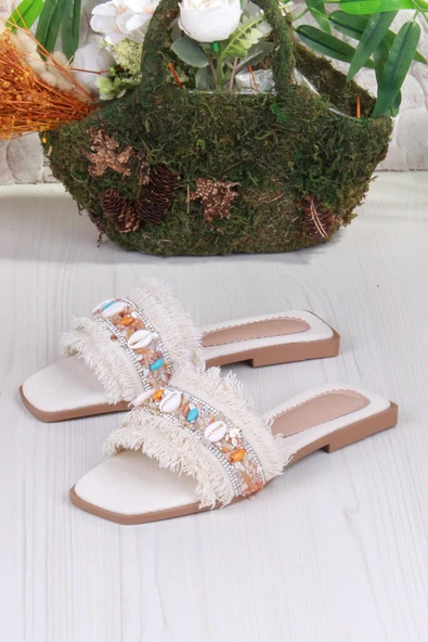 Fort 3572 Keten Bonçuk Taş Detaylı Tatil Terliği Günlük Terlik Kadın Terlik - Resim 11