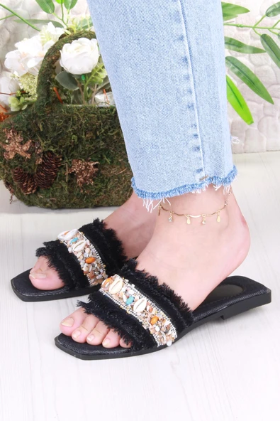 Fort 3572 Keten Bonçuk Taş Detaylı Tatil Terliği Günlük Terlik Kadın Terlik - Resim 2