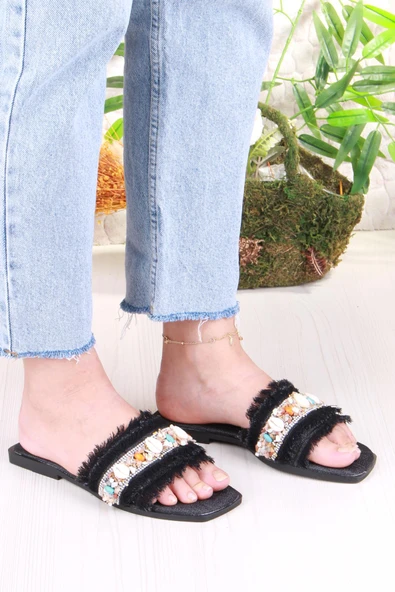 Fort 3572 Keten Bonçuk Taş Detaylı Tatil Terliği Günlük Terlik Kadın Terlik - Resim 3