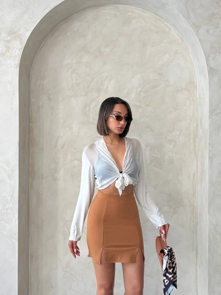 Çift yırtmaçlı etek camel s25910 - Resim 3