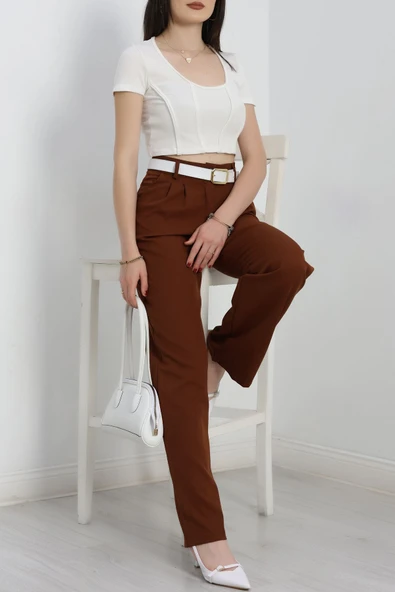 Tek Düğme Palazzo Pantolon Kahve - Resim 5