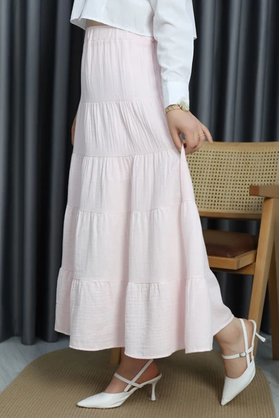 Müslin Kumaş Kat Kat Etek Pembe - Resim 3