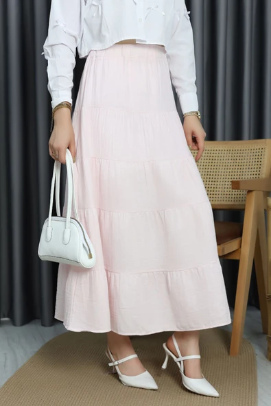 Müslin Kumaş Kat Kat Etek Pembe - Resim 5