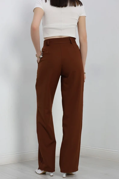 Tek Düğme Palazzo Pantolon Kahve - Resim 6