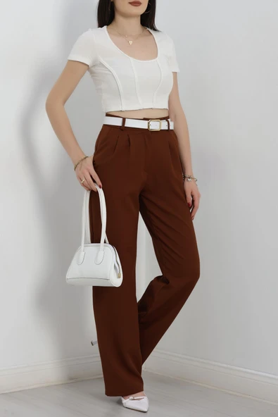 Tek Düğme Palazzo Pantolon Kahve - Resim 2