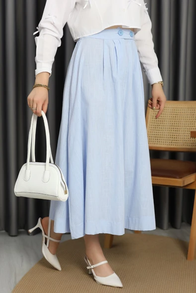 Flam Keten Düğmeli Etek Mavi - Resim 3