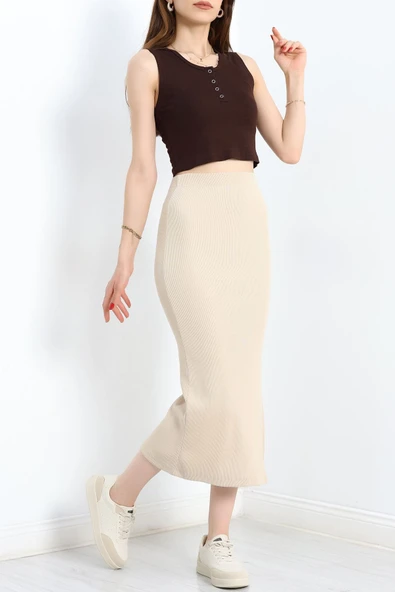 Kaşkorse Yırtmaçlı Etek Bej - Resim 4