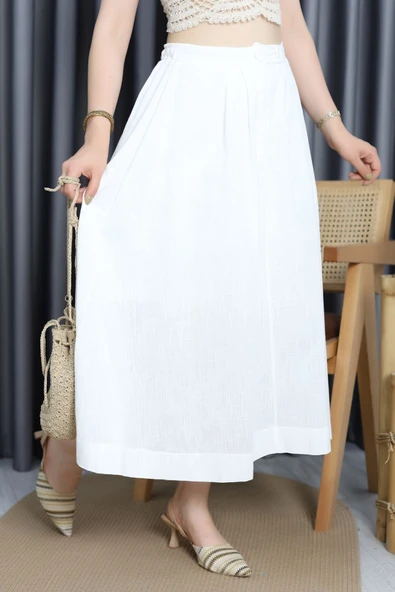 Flam Keten Düğmeli Etek Beyaz - Resim 5