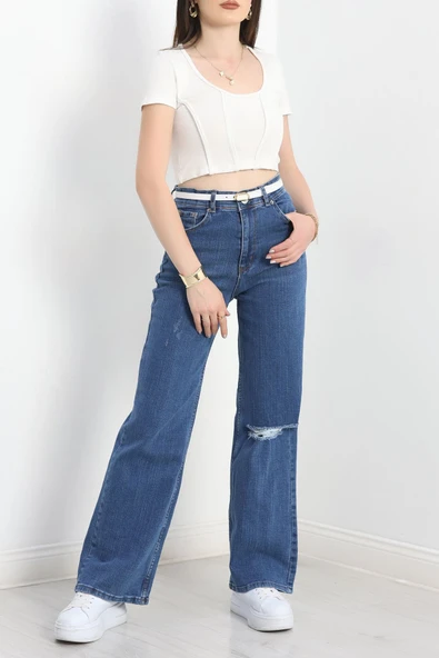 Lazer Kesim Palazzo Kot Pantolon Mavi1 - Resim 2