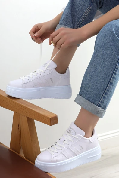 Kalın Taban Şeritli Günlük Ayakkabı Beyaz - Resim 3