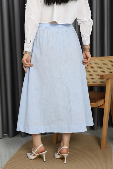 Flam Keten Düğmeli Etek Mavi - Resim 7