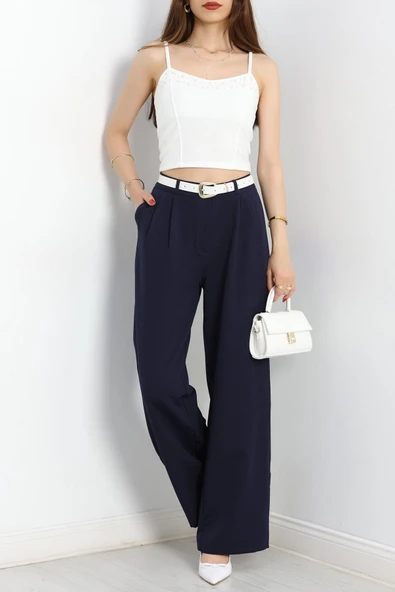 Pileli Palazzo Pantolon Lacivert - Resim 4