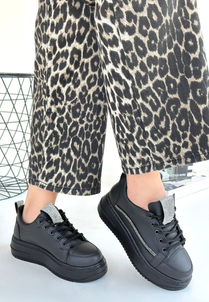 Leope Siyah Cilt Bağcıklı Spor Ayakkabı - Resim 2