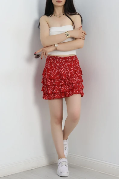 Desenli Kat Kat Mini Etek Kırmızı - Resim 2