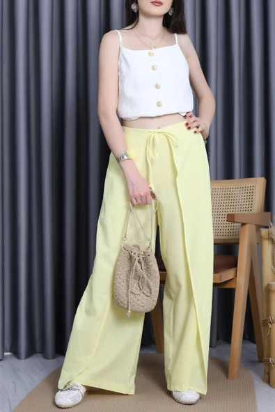 Kapaklı Flam Keten Pantolon Sarı - Resim 2