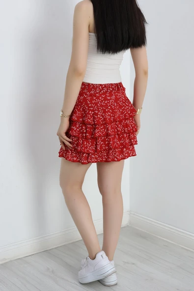 Desenli Kat Kat Mini Etek Kırmızı - Resim 6