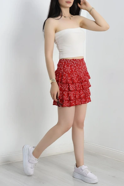 Desenli Kat Kat Mini Etek Kırmızı - Resim 4