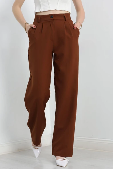 Tek Düğme Palazzo Pantolon Kahve - Resim 4