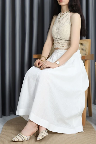 Flam Keten Düğmeli Etek Beyaz - Resim 4