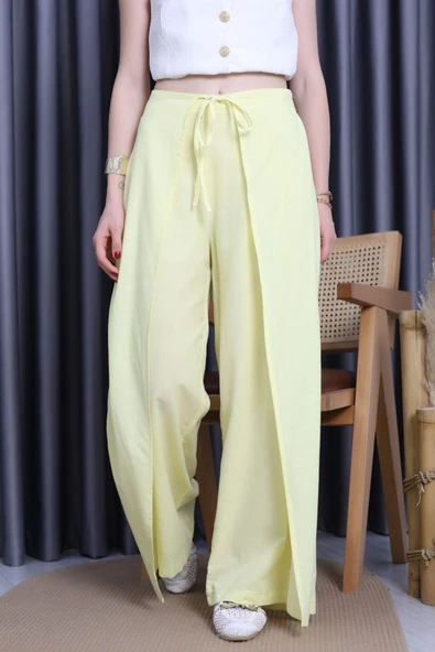 Kapaklı Flam Keten Pantolon Sarı - Resim 3