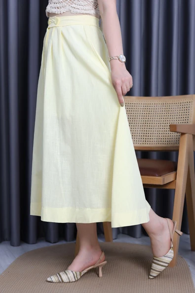 Flam Keten Düğmeli Etek Sarı - Resim 3