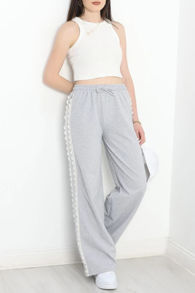 Özel Tasarımlı Güpürlü 2 İplik Eşofman Altı Gri - Resim 2