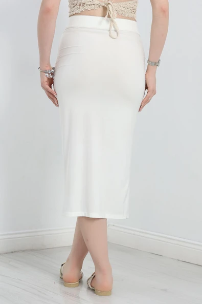 Mira Kumaş Yırtmaçlı Etek Ekru - Resim 6