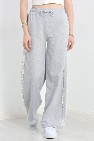 Özel Tasarımlı Güpürlü 2 İplik Eşofman Altı Gri ürün görseli 1