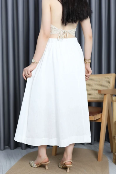 Flam Keten Düğmeli Etek Beyaz - Resim 6