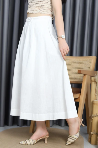 Flam Keten Düğmeli Etek Beyaz - Resim 3