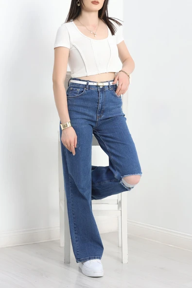 Lazer Kesim Palazzo Kot Pantolon Mavi1 - Resim 4