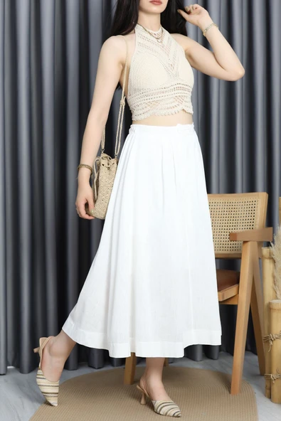 Flam Keten Düğmeli Etek Beyaz - Resim 2