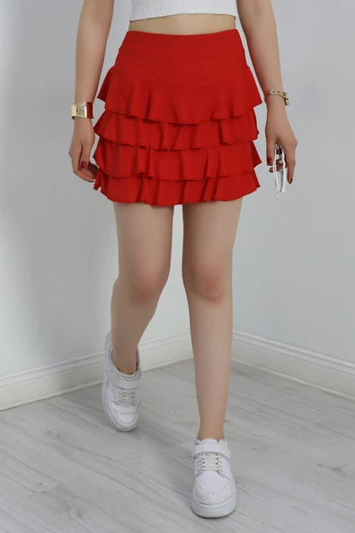 Kat Kat Bürümcük Mini Etek Kırmızı - Resim 5