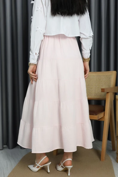 Müslin Kumaş Kat Kat Etek Pembe - Resim 6