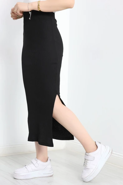 Kaşkorse Yırtmaçlı Etek Siyah - Resim 5