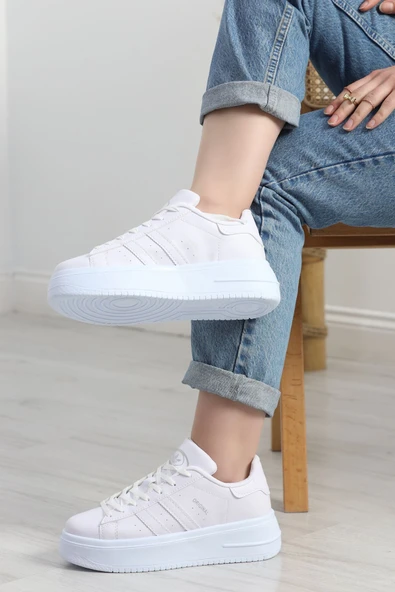 Kalın Taban Şeritli Günlük Ayakkabı Beyaz - Resim 4