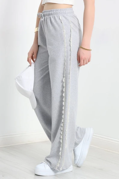 Özel Tasarımlı Güpürlü 2 İplik Eşofman Altı Gri - Resim 4