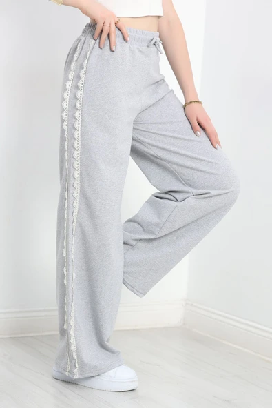 Özel Tasarımlı Güpürlü 2 İplik Eşofman Altı Gri - Resim 5