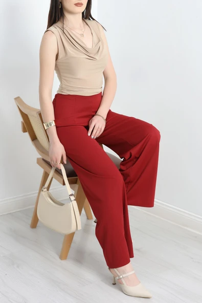 Krep Palazzo Pantolon Bordo - Resim 4