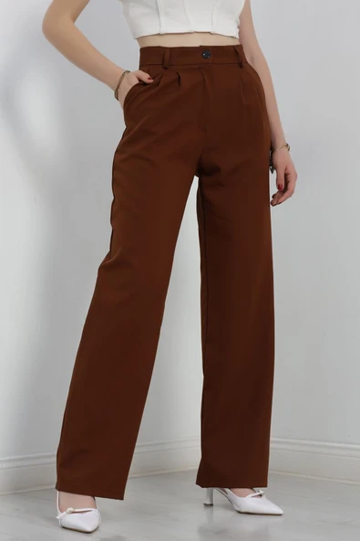 Tek Düğme Palazzo Pantolon Kahve - Resim 3