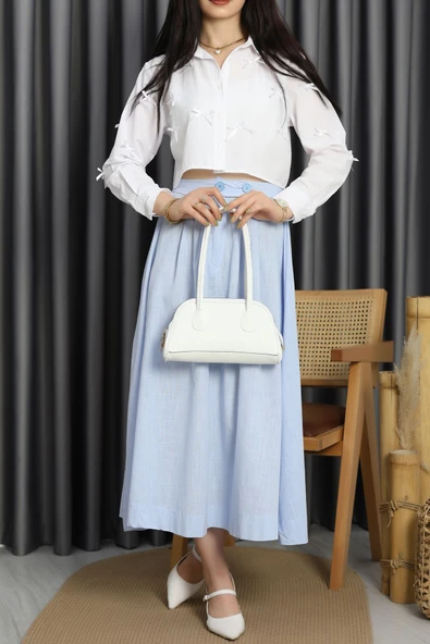 Flam Keten Düğmeli Etek Mavi - Resim 6