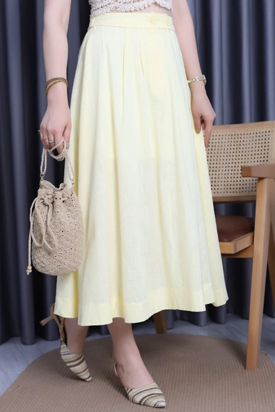 Flam Keten Düğmeli Etek Sarı - Resim 5