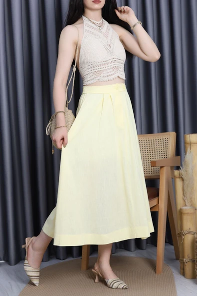 Flam Keten Düğmeli Etek Sarı - Resim 4