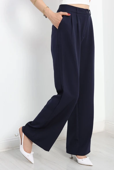 Pileli Palazzo Pantolon Lacivert - Resim 5