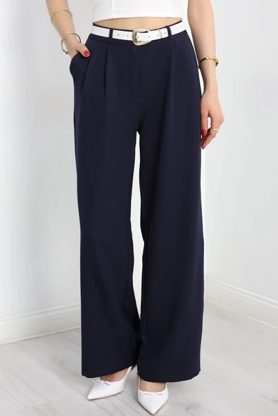 Pileli Palazzo Pantolon Lacivert - Resim 3