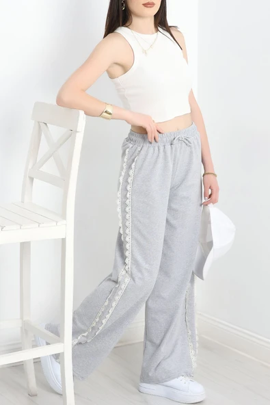 Özel Tasarımlı Güpürlü 2 İplik Eşofman Altı Gri - Resim 3